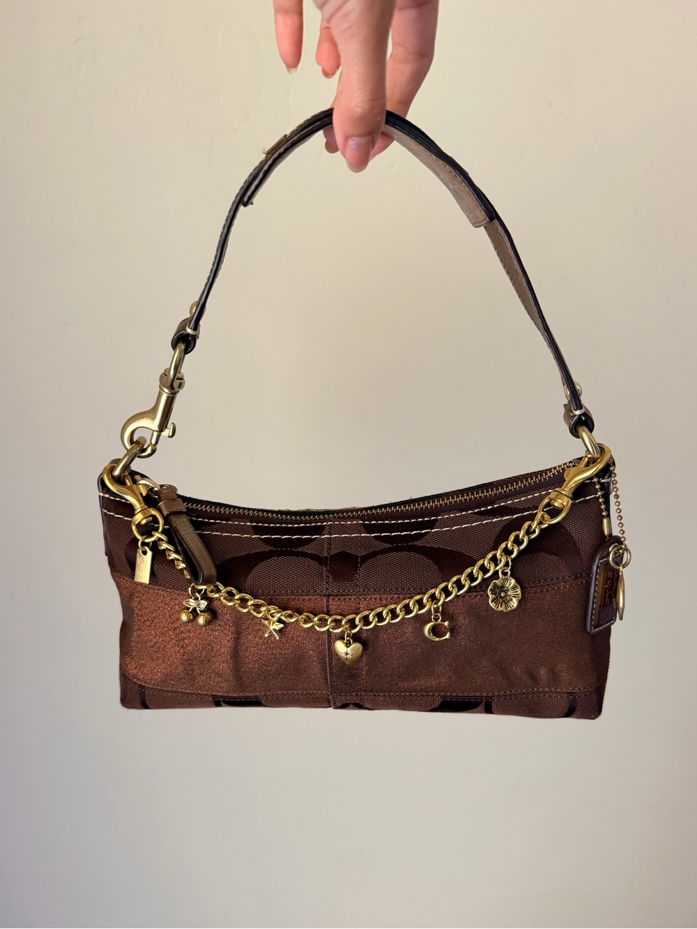 Coach Choco Brown Signature Stripe East West Baguette (Style 11096) EUC